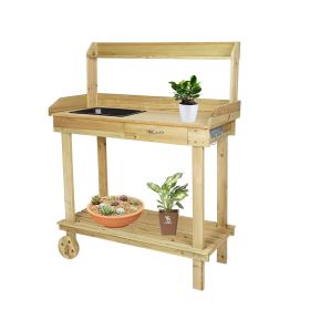 Bosonshop Wood Potting Bench Work Station Table with Tabletop Removable Sink Drawer Shelves Hooks on Wheels - KM3444