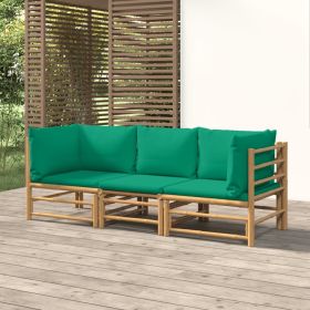 3 Piece Patio Lounge Set with Green Cushions Bamboo (Color: Brown)